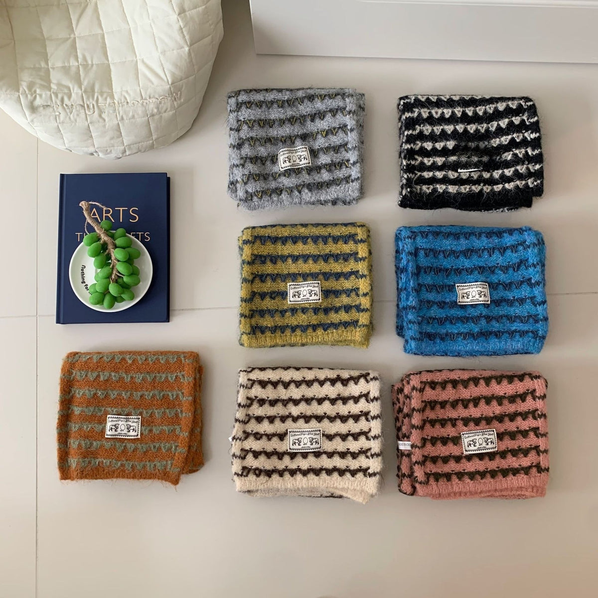 Bufanda De Lana Para Mujer Con Patrón De Raya, Teñida De Negro, Ideal Para Otoño E Invierno