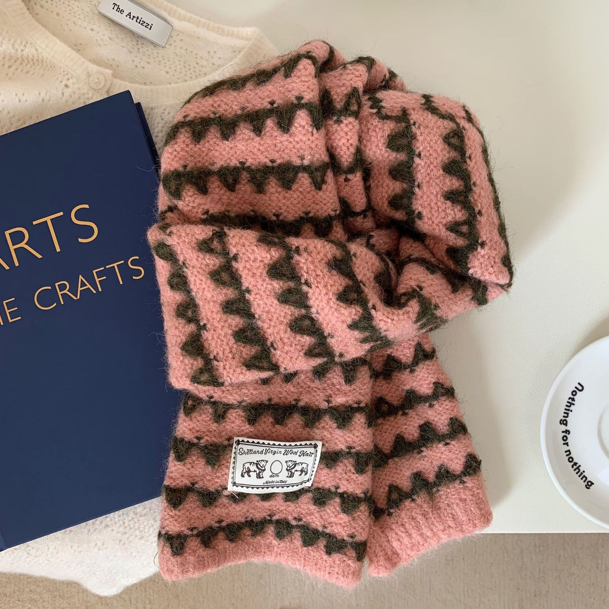 Bufanda De Lana Para Mujer Con Patrón De Raya, Teñida De Negro, Ideal Para Otoño E Invierno
