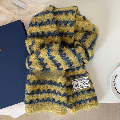 Bufanda De Lana Para Mujer Con Patrón De Raya, Teñida De Negro, Ideal Para Otoño E Invierno