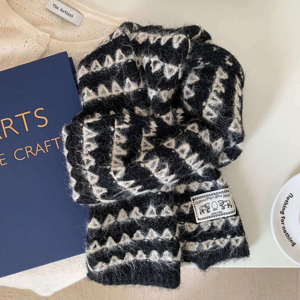 Bufanda De Lana Para Mujer Con Patrón De Raya, Teñida De Negro, Ideal Para Otoño E Invierno
