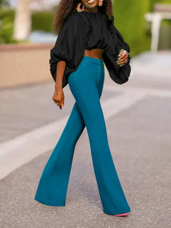 Loose Puff Sleeves Solid Color Mock Neck Blouses&Shirts Tops