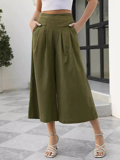 Flared Pants High Waisted Pleated Pockets Solid Color Split-Joint Ninth Pants Trousers