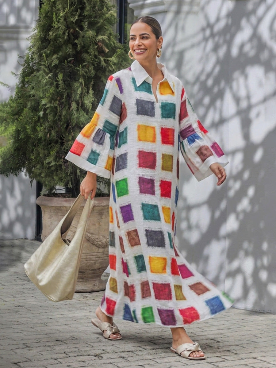 Flared Sleeves Long Sleeves Contrast Color Printed Split-Back Split-Joint Lapel Maxi Dresses