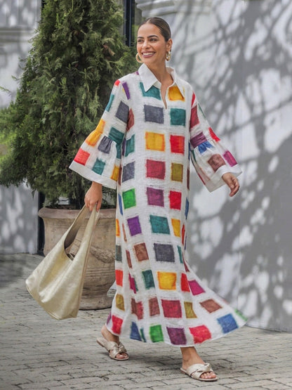 Flared Sleeves Long Sleeves Contrast Color Printed Split-Back Split-Joint Lapel Maxi Dresses