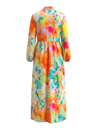 A-Line Long Sleeves Buttoned Contrast Color Pleated Pockets Printed Lapel Maxi Dresses Shirt Dress
