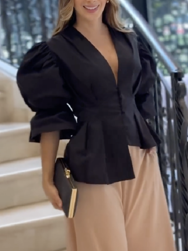 High-Low Puff Sleeves Asymmetric Buttoned Solid Color Deep V-Neck Blouses&Shirts Tops