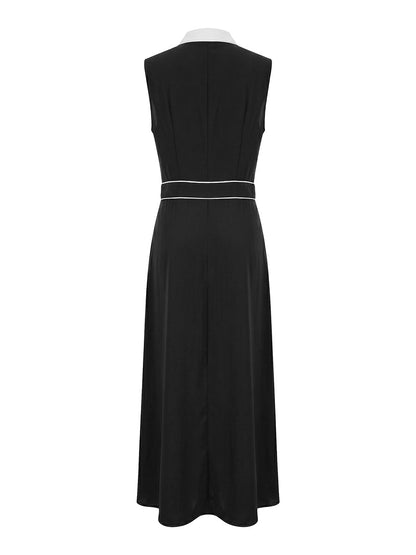 A-Line High Waisted Buttoned Contrast Color Pockets Split-Joint Lapel Maxi Dresses