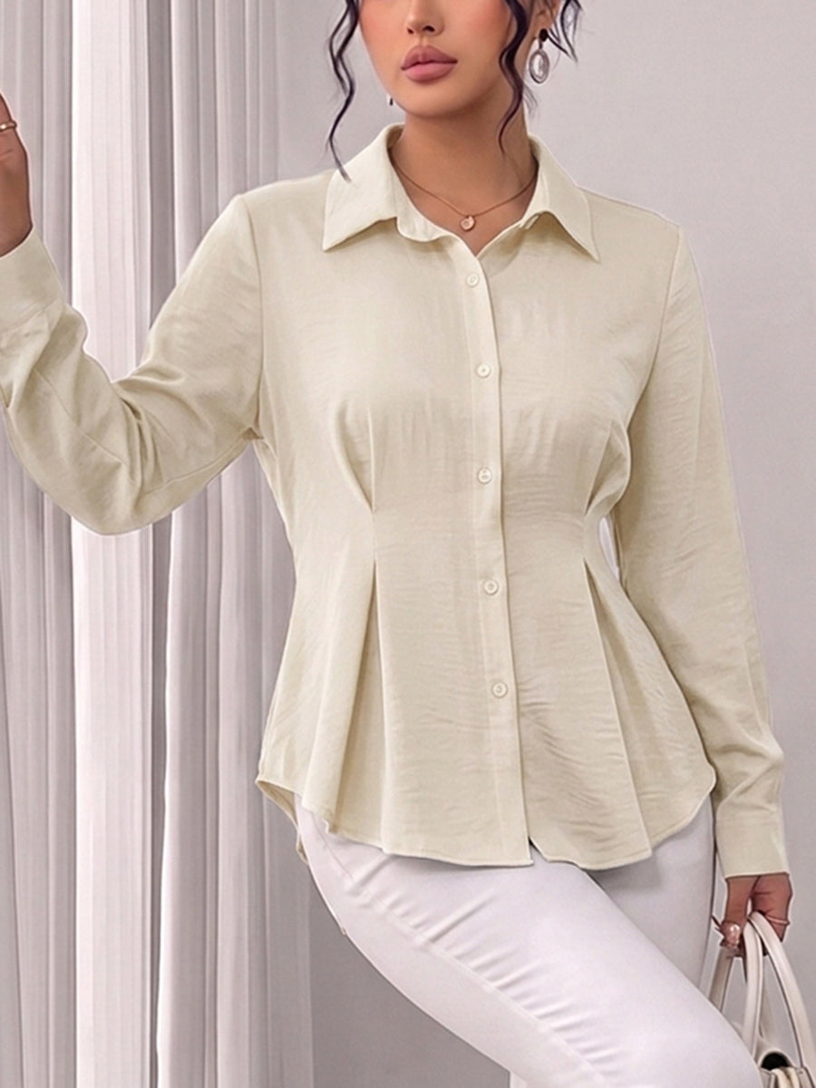Tied Split-Joint Solid Color Pockets Pleated Buttoned Long Sleeves Lapel Blouses&Shirts Tops