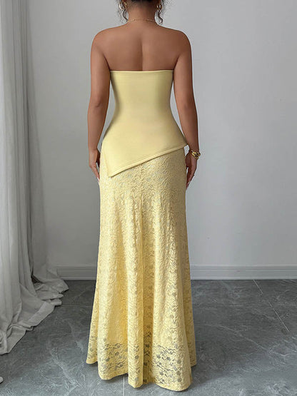 Bodycon Irregularity Lacy Pleated Solid Color Split-Joint Tube Maxi Dresses