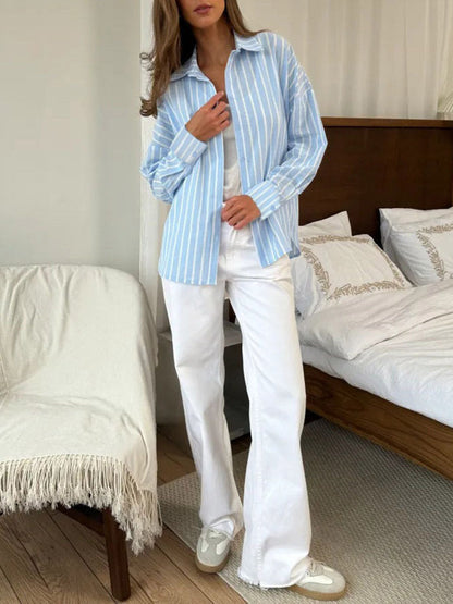 Long Sleeves Loose Buttoned Contrast Color Split-Joint Striped Lapel Blouses&Shirts Tops