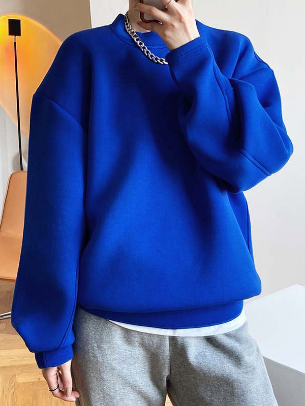 Long Sleeves Loose Solid Color Round-Neck Sweatshirt Tops
