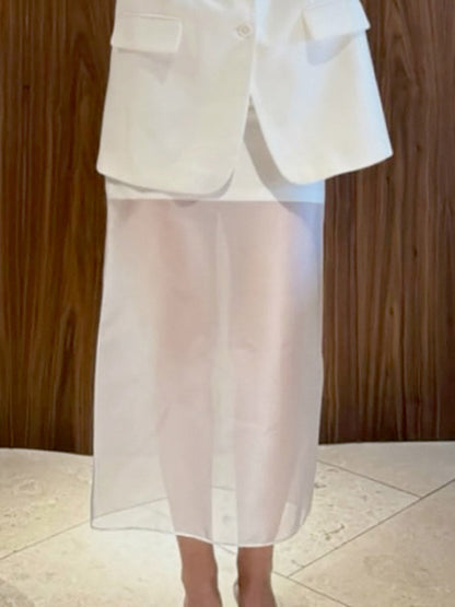 Elasticated Waist High Waisted Layered See-Through Solid Color Split-Joint Skirts Bottoms