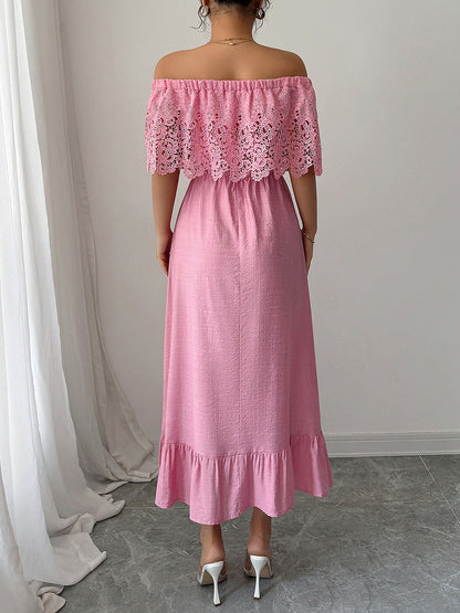 A-Line High Waisted Pleated Ruffled Solid Color Split-Joint Off-the-shoulder Midi Dresses