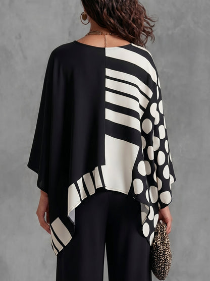 Batwing Sleeves Long Sleeves Contrast Color Polka-Dot Printed Round-Neck T-Shirts Tops