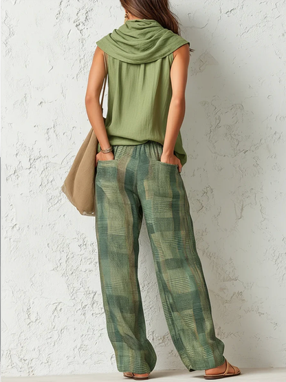 High Waisted Loose Contrast Color Plaid Pockets Pants Trousers