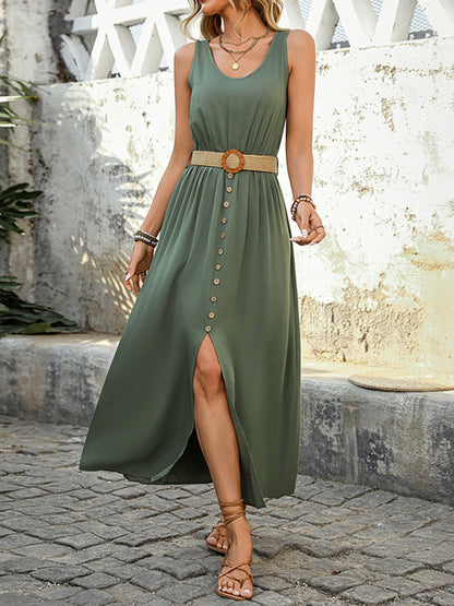High Waisted Sleeveless Belt Buckle Buttoned Pleated Solid Color V-Neck Maxi Dresses