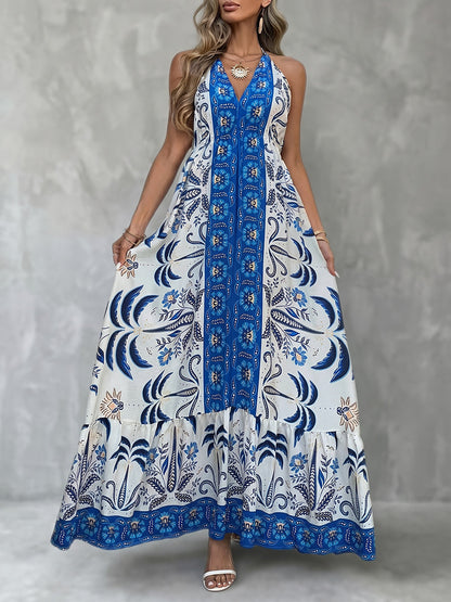 A-Line Sleeveless Backless Contrast Color Floral Printed Pleated Tied Halter-Neck Maxi Dresses