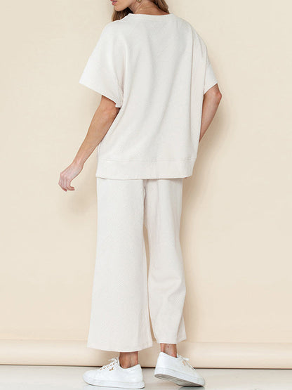 Loose Short Sleeves Solid Color Round-Neck T-Shirt Top + Drawstring Elasticity Pockets Pants Botttom Two Pieces Set