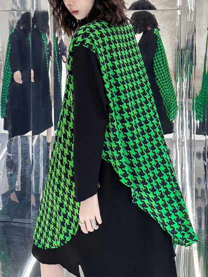 A-Line Long Sleeves Asymmetric Contrast Color Houndstooth Split-Joint Round-Neck Midi Dresses