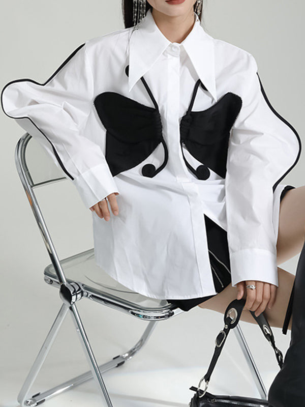 Long Sleeves Loose Butterfly Shape Buttoned Lapel Blouses&Shirts Tops