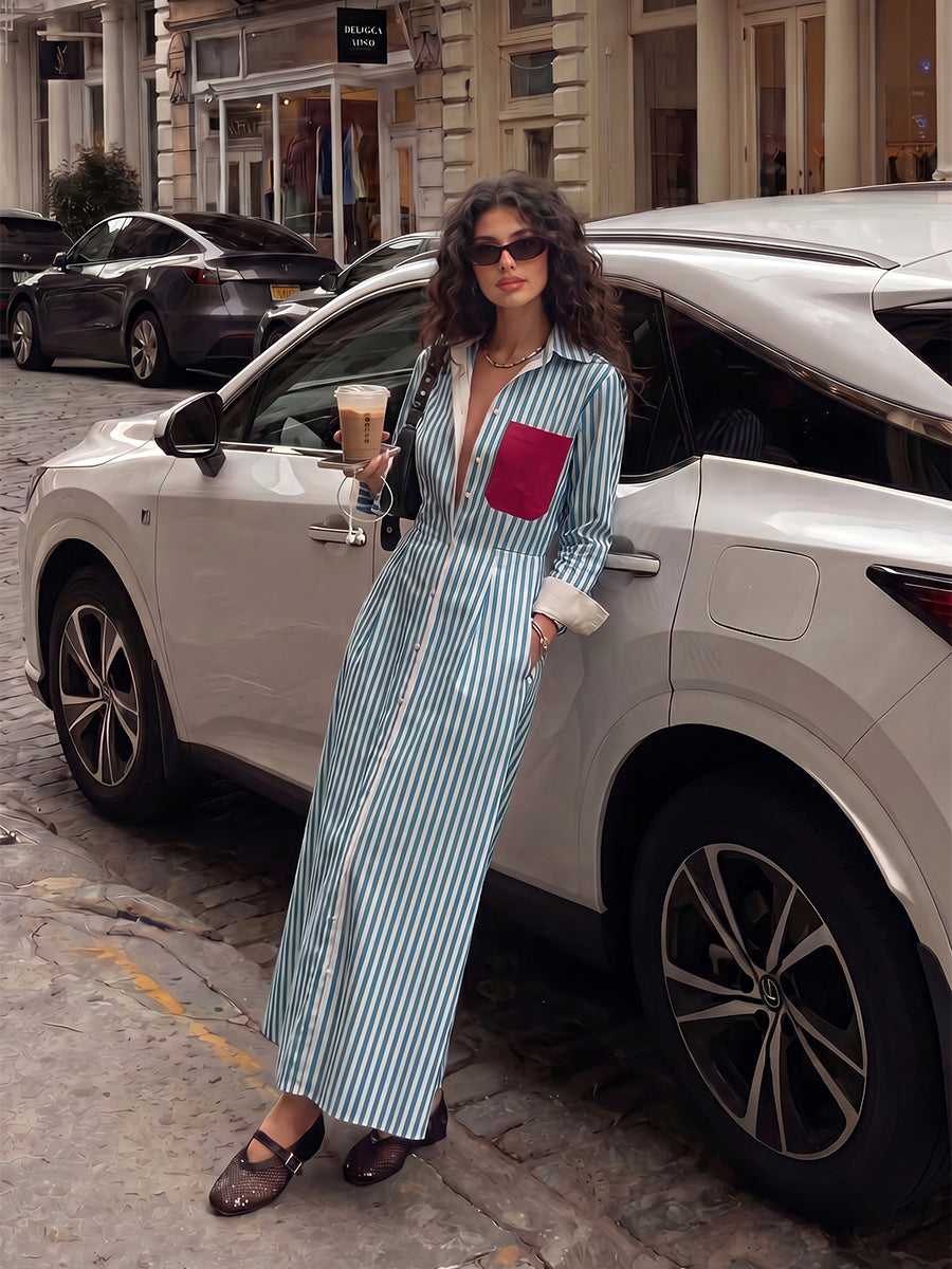 Striped Split-Joint Pockets Contrast Color Buttoned Long Sleeves High Waisted Lapel Midi Dresses