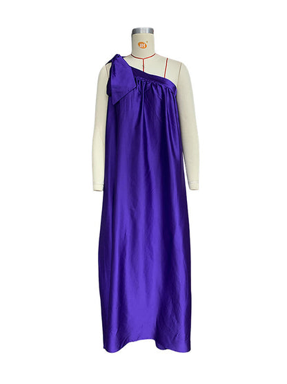 A-Line Loose Asymmetric Pleated Solid Color Tied One-Shoulder Maxi Dresses