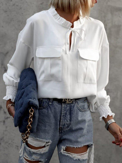 Long Sleeves Loose Hollow Lace-Up Pleated Solid Color Split-Joint V-Neck Blouses