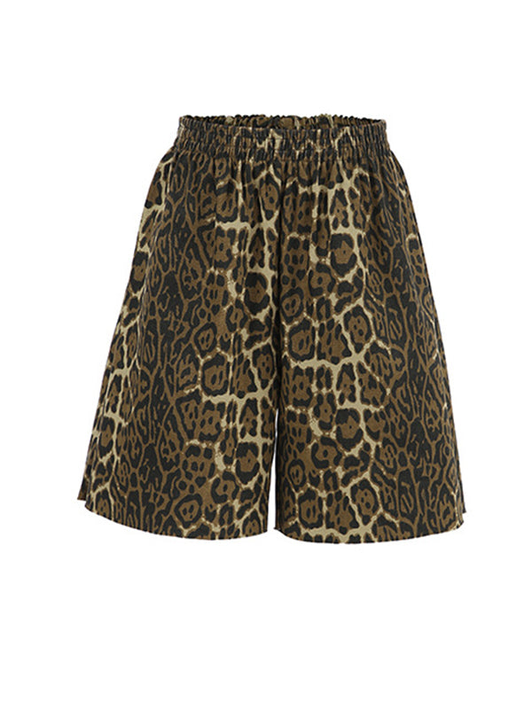 High Waisted Loose Elasticity Leopard Pockets Split-Joint Zipper Shorts Bottoms