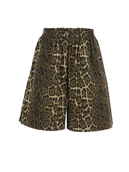 High Waisted Loose Elasticity Leopard Pockets Split-Joint Zipper Shorts Bottoms