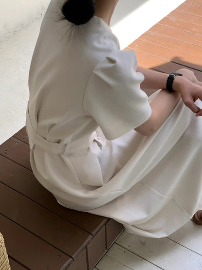 A-Line Loose Buttoned Solid Color Split-Joint Tied Waist V-Neck Midi Dresses