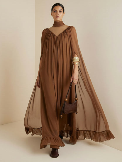 Cape Irregularity Layered Pleated Ruffled See-Through Solid Color Split-Joint High Neck Maxi Dresses