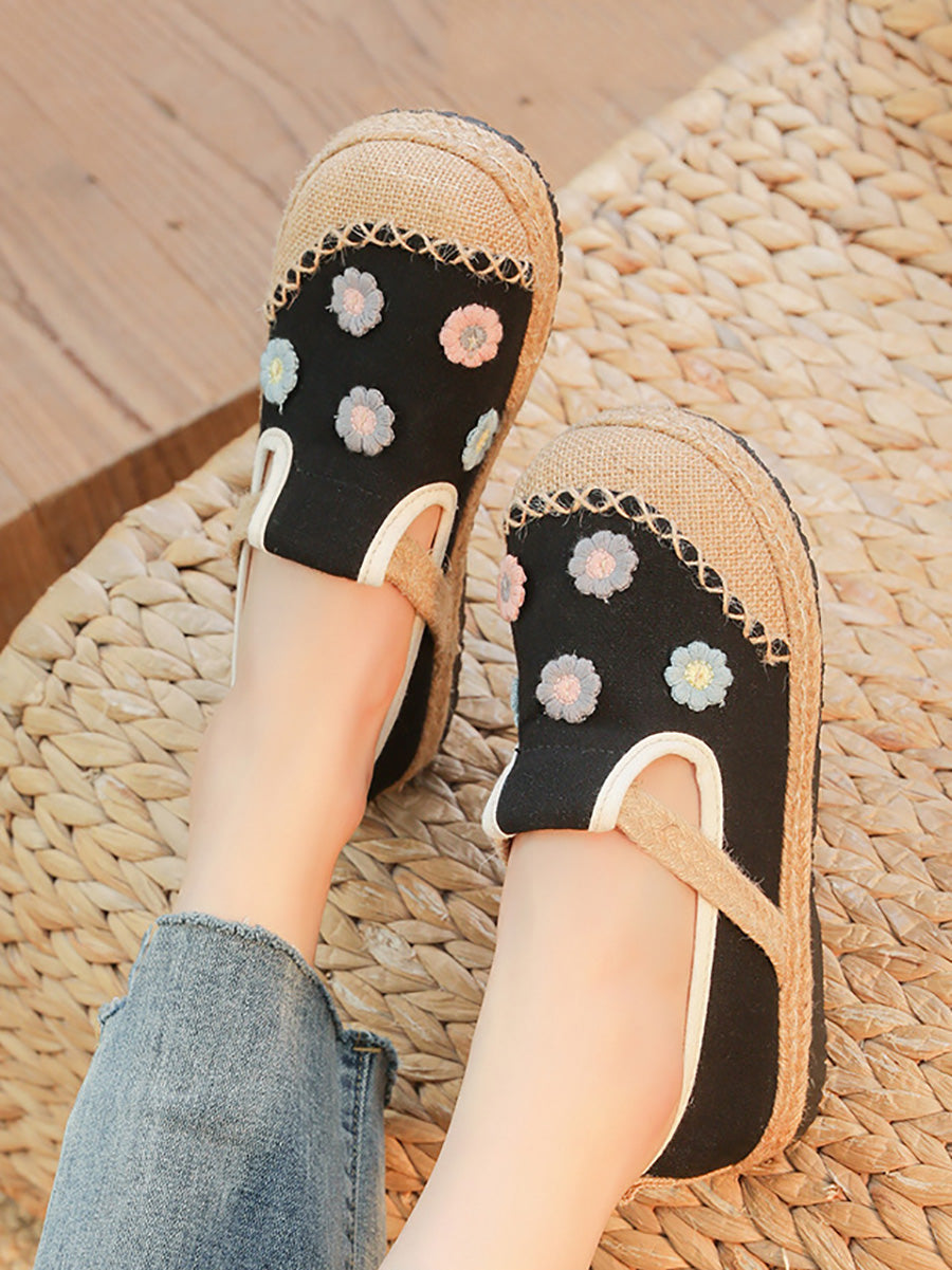 Women Artsy Summer Flower Embroidery Linen Shoes