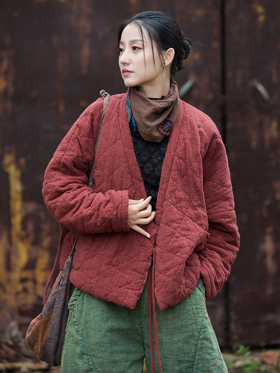 Women Winter Artsy Pure Color V-Neck Padded Coat