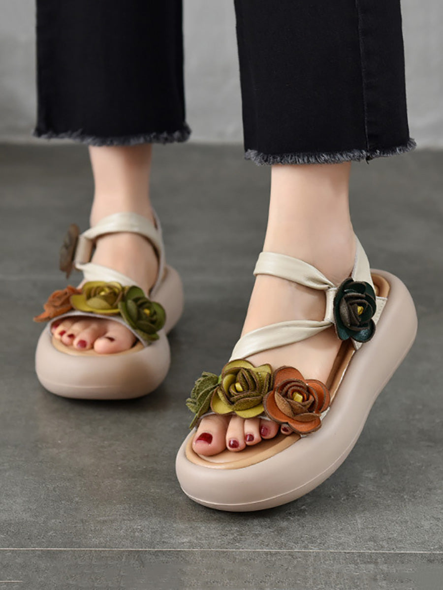 Women Vintage Leather FLower Platform Sandals