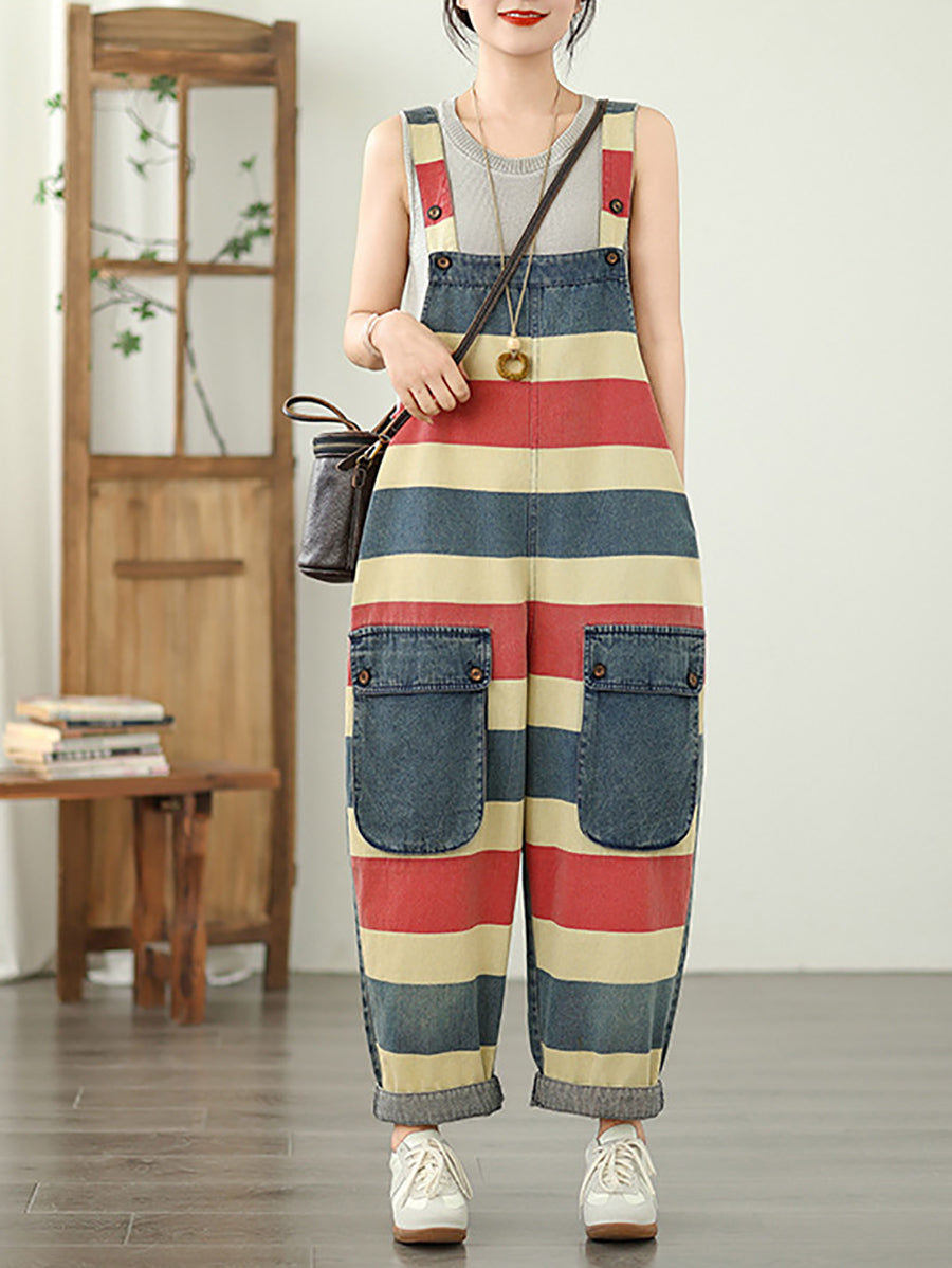Women Summer Colorblock Stripe Denim Loose Jumpsuits