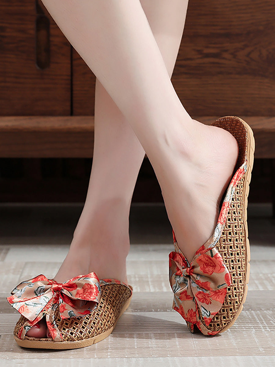 Women Ethnic Straw Weave Flower Bowknot Indoor Slippers