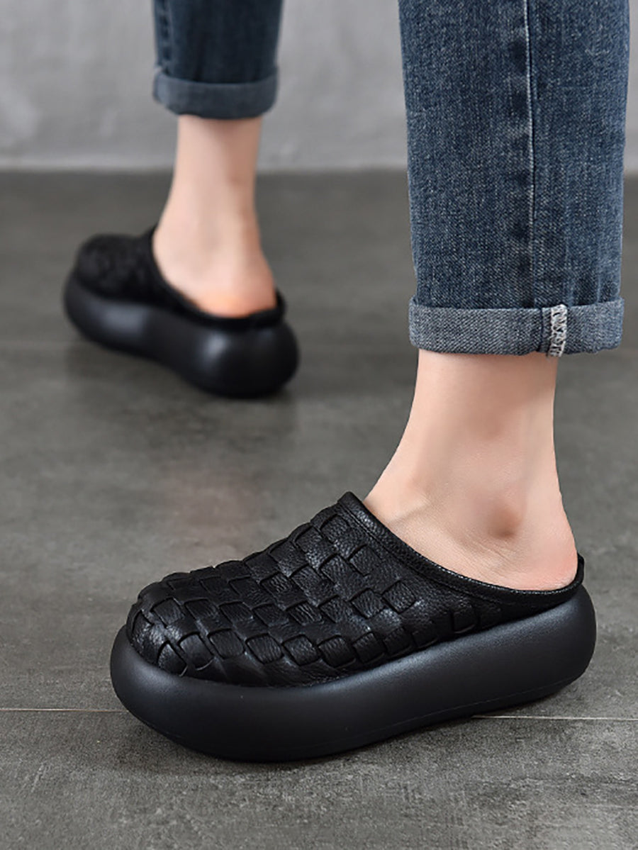 Women Genuine Leather Weave Platform Slippers