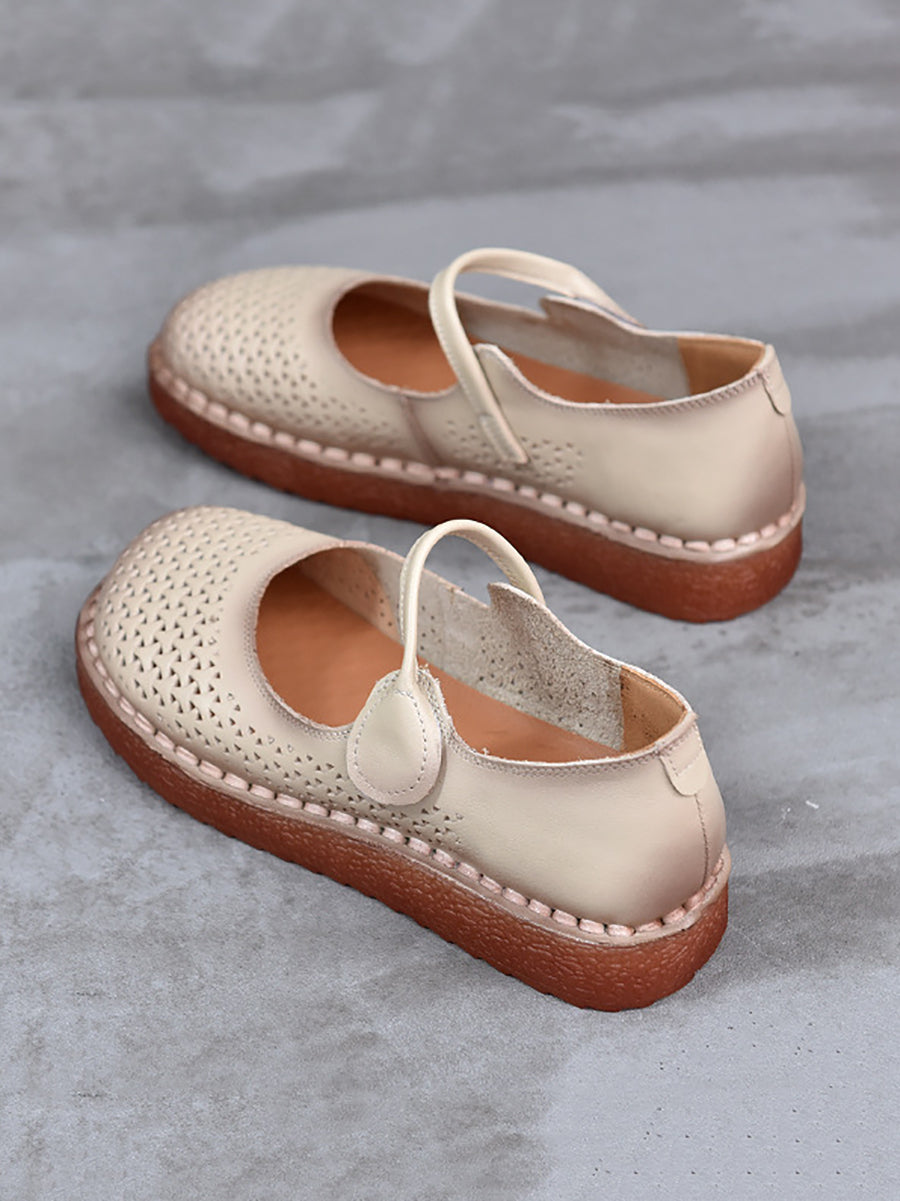 Women Ethnic Genuine Leather Hollow Out Low Heel Shoes