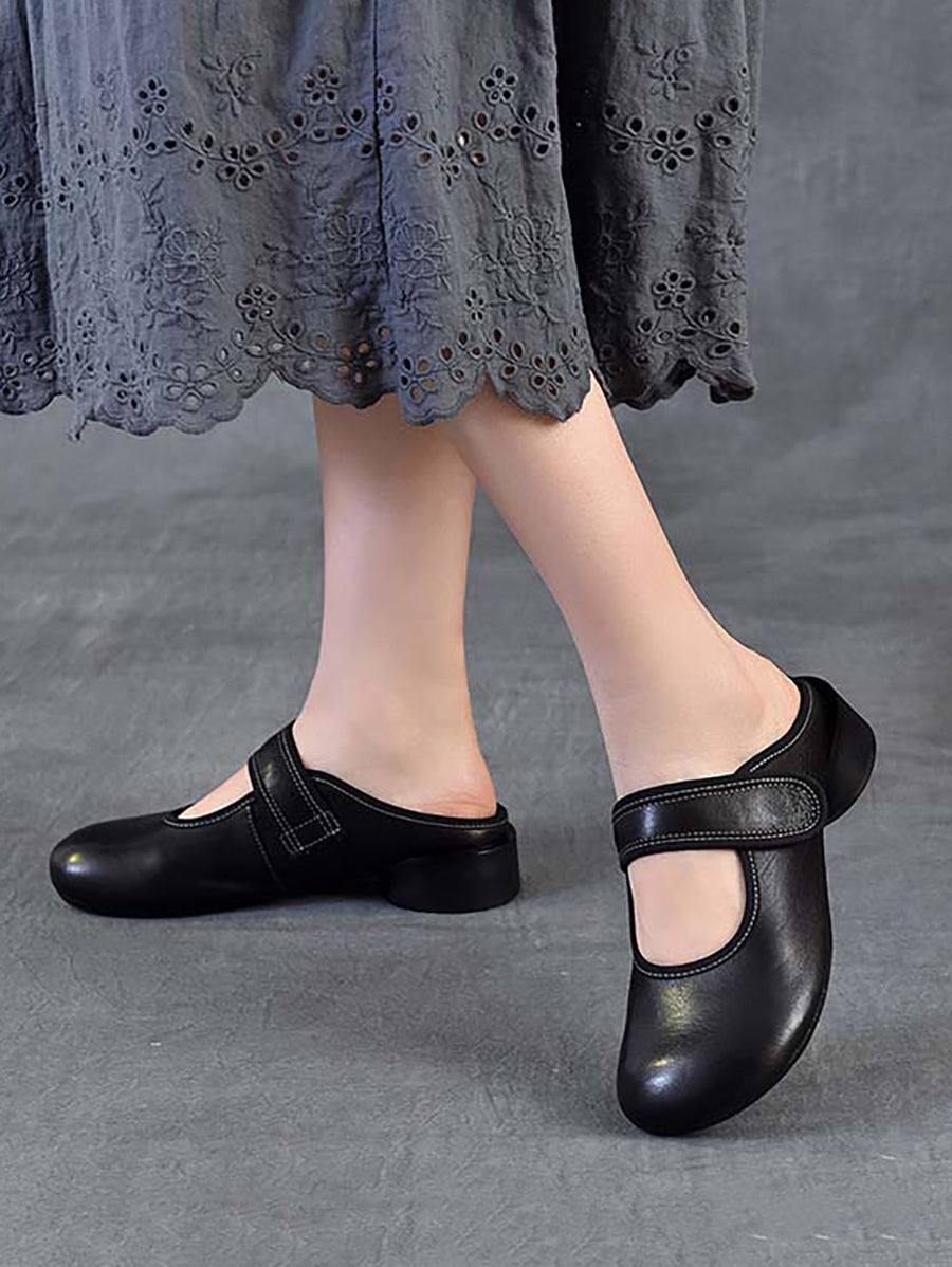 Women Artsy Genuine Leather Mary Jane Low Heel Slippers