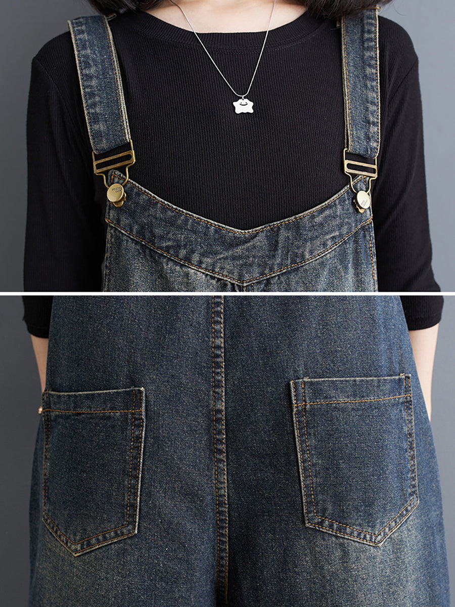 Women Summer Retro Pure Color Denim Long Jumpsuits