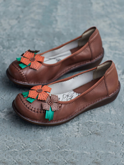 Women Spring Leather Flower Spliced Low Heel Shoes