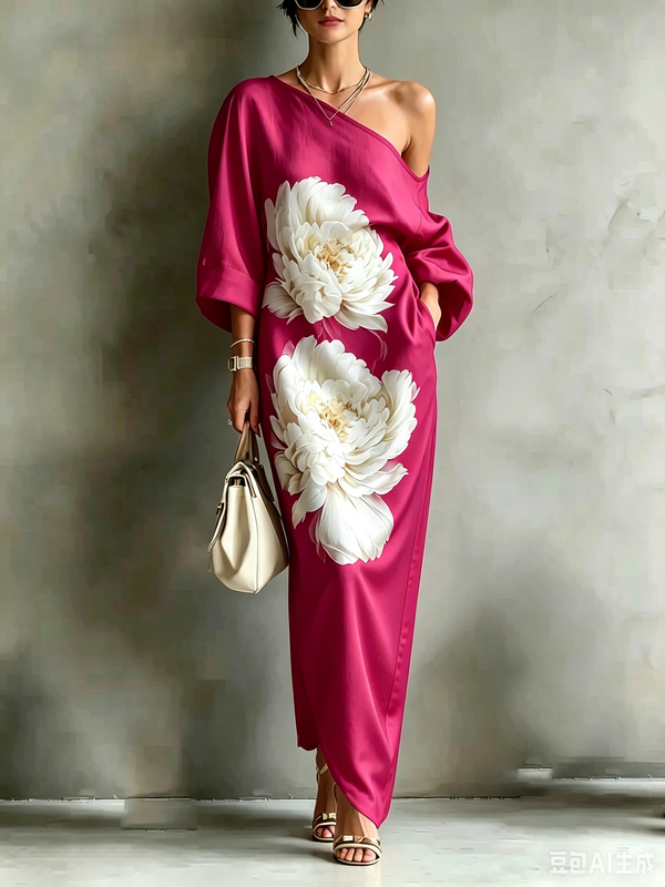 Pockets Flower Print Asymmetric Three-quarter Sleeves Loose One-shoulder Maxi Dresses