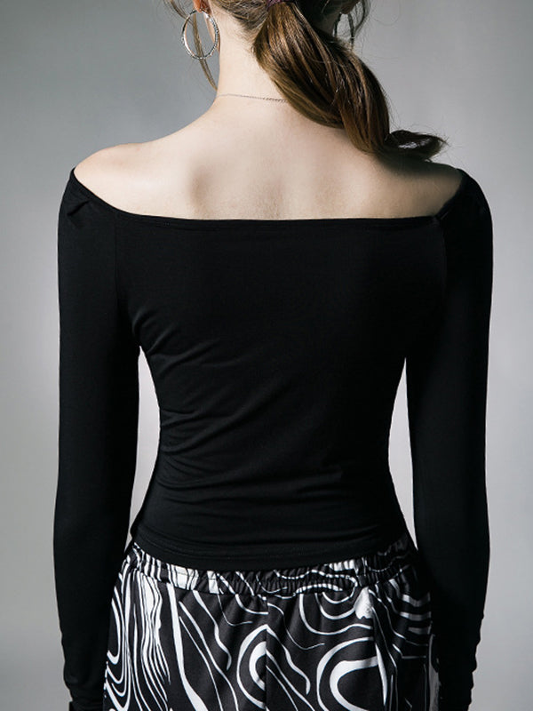 Long Sleeves Skinny Asymmetric Pleated Solid Color One-Shoulder T-Shirts Tops
