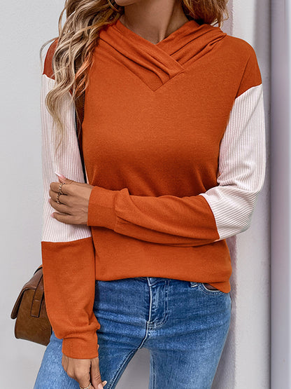 Hooded Long Sleeves Contrast Color Split-Joint Hoodies Tops