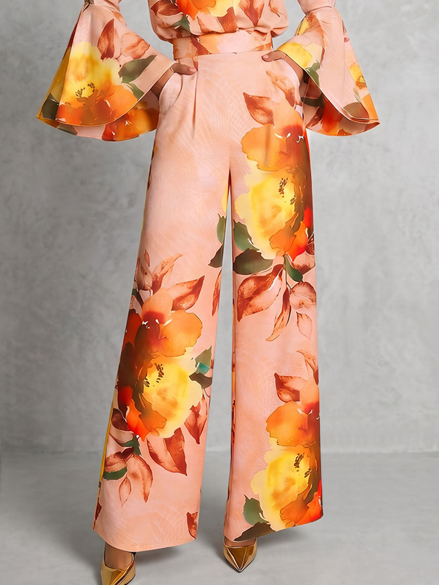 Pockets Flower Print Elasticity Contrast Color Wide Leg High Waisted Trousers Pants