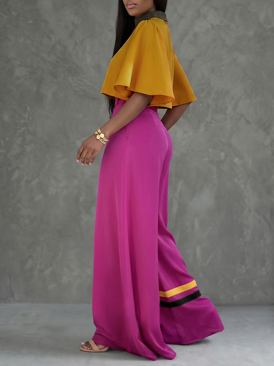 Cropped Flared Sleeves Contrast Color Pleated Stand Collar Blouses&Shirts Tops
