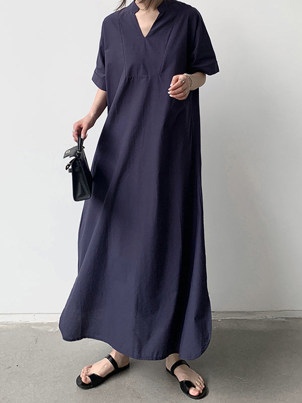 Loose Short Sleeves Solid Color V-Neck Maxi Dresses