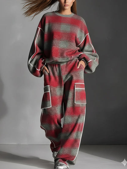 Long Sleeves Loose Contrast Color Line Split-Joint Striped Round-Neck Sweatershirt