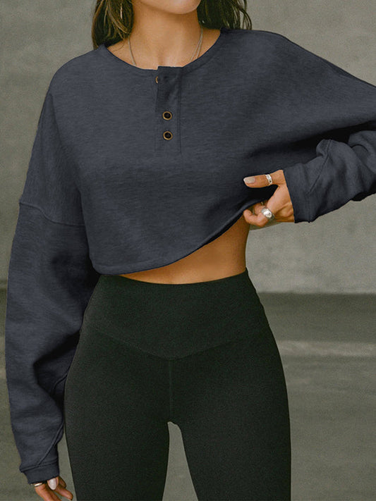 Long Sleeves Loose Solid Color Split-Joint Round-Neck Sweatshirt Tops