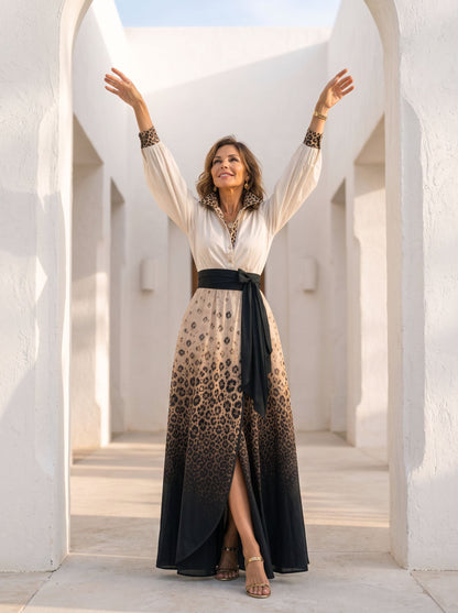 Leopard Gradient Flower Print Contrast Color Buttoned Bowknot Puff Sleeves Long Sleeves Lapel Maxi Dresses